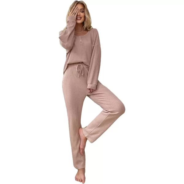 WDIRARA Women's 2 Piece Waffle Knit Button Down Long Sleeve Top and Pants Pj Lounge Set