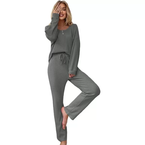 WDIRARA Women's 2 Piece Waffle Knit Button Down Long Sleeve Top and Pants Pj Lounge Set
