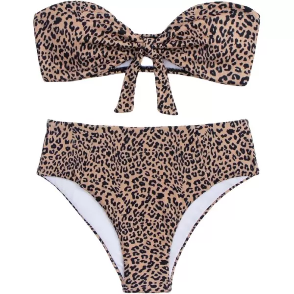 WDIRARA Women's 2 Pieces Swimwear Bow Front Textured Strapless Bra and Panty Bikini Sets
