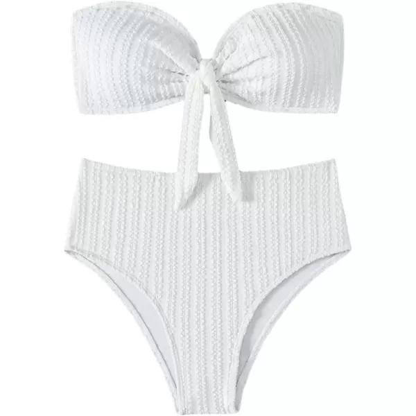 WDIRARA Women's 2 Pieces Swimwear Bow Front Textured Strapless Bra and Panty Bikini Sets