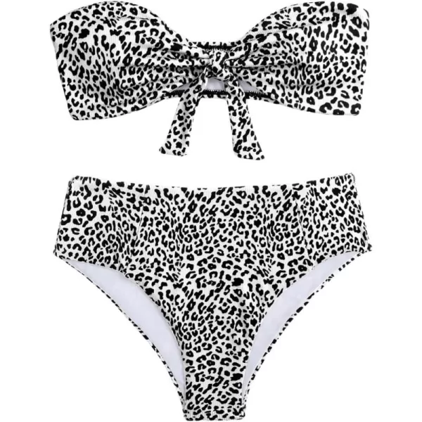 WDIRARA Women's 2 Pieces Swimwear Bow Front Textured Strapless Bra and Panty Bikini Sets