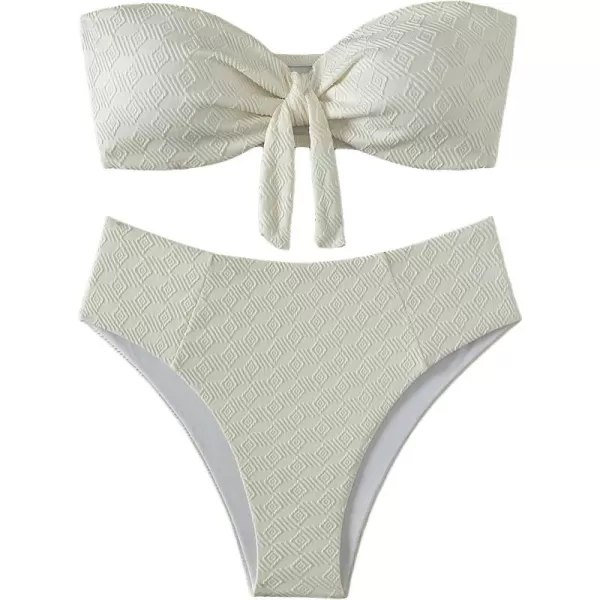 WDIRARA Women's 2 Pieces Swimwear Bow Front Textured Strapless Bra and Panty Bikini Sets