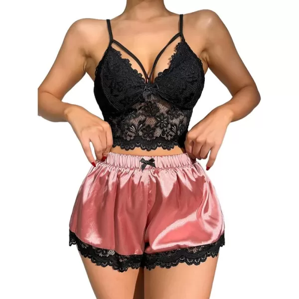 WDIRARA Women's 2Pcs Floral Lace Cami Top with Shorts Sleepwear Pajama Set