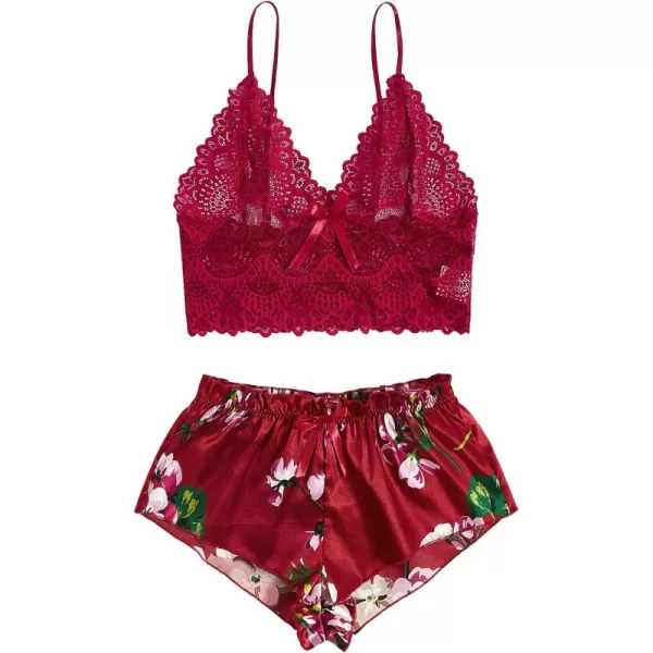 WDIRARA Women's 2Pcs Floral Lace Cami Top with Shorts Sleepwear Pajama Set