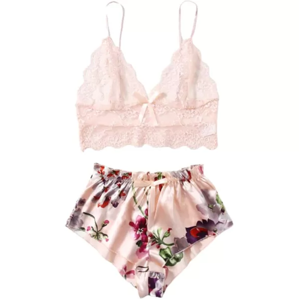 WDIRARA Women's 2Pcs Floral Lace Cami Top with Shorts Sleepwear Pajama Set