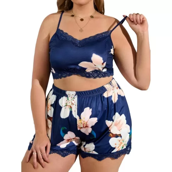 WDIRARA Women's 2Pcs Floral Lace Cami Top with Shorts Sleepwear Pajama Set
