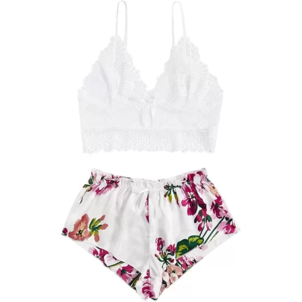 WDIRARA Women's 2Pcs Floral Lace Cami Top with Shorts Sleepwear Pajama Set
