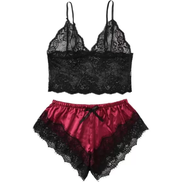 WDIRARA Women's 2Pcs Floral Lace Cami Top with Shorts Sleepwear Pajama Set