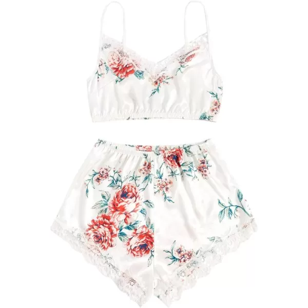 WDIRARA Women's 2Pcs Floral Lace Cami Top with Shorts Sleepwear Pajama Set