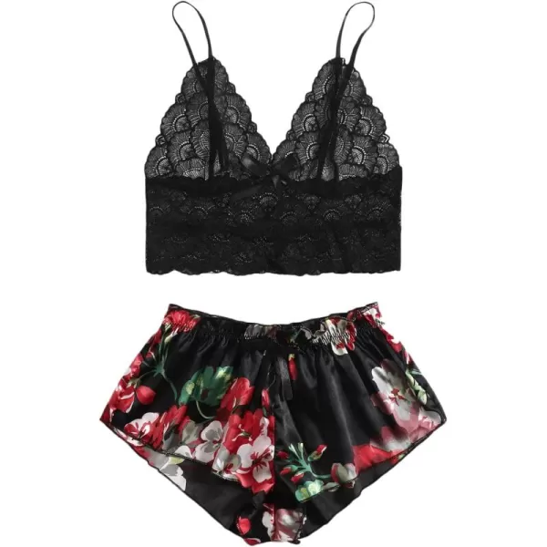 WDIRARA Women's 2Pcs Floral Lace Cami Top with Shorts Sleepwear Pajama Set