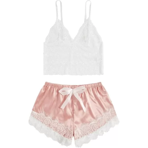 WDIRARA Women's 2Pcs Floral Lace Cami Top with Shorts Sleepwear Pajama Set