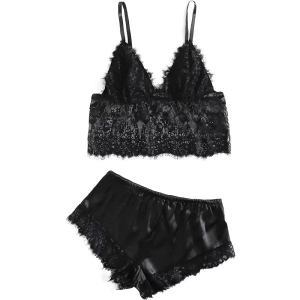 WDIRARA Women's 2Pcs Floral Lace Cami Top with Shorts Sleepwear Pajama Set