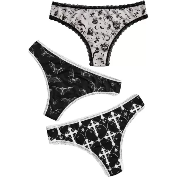 WDIRARA Women's 3 Pack Skull Graphic Print Lace Trim Underwear Panty Set