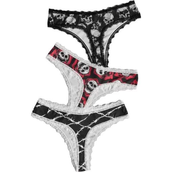 WDIRARA Women's 3 Pack Skull Graphic Print Lace Trim Underwear Panty Set