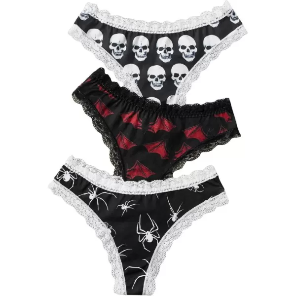 WDIRARA Women's 3 Pack Skull Graphic Print Lace Trim Underwear Panty Set