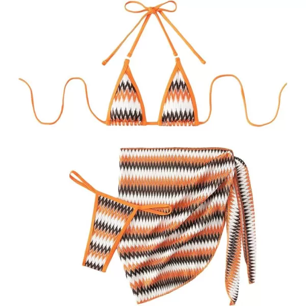 WDIRARA Women's 3 Piece Allover Print Bikini Set Halter Knot Tie Back Swimsuit and Skirts Cover Up