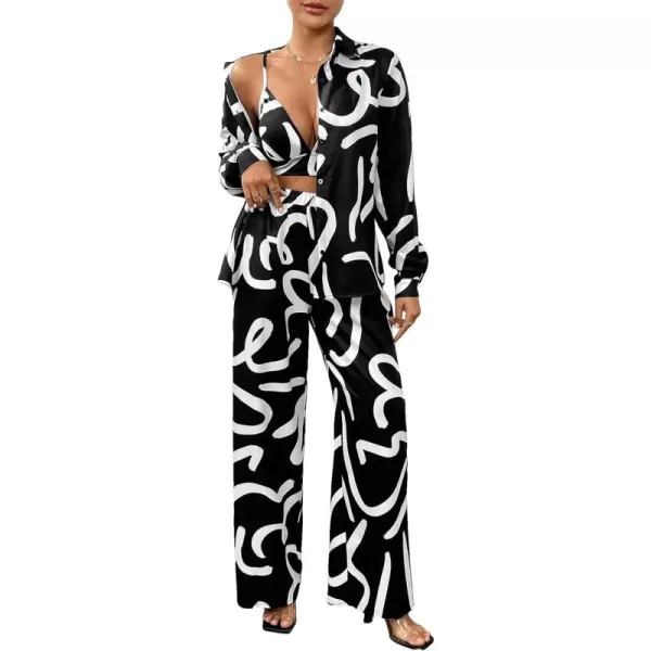 WDIRARA Women's 3 Piece Outfits Colorblock Button Front Shirt and Cami Top with Wide Leg Pants