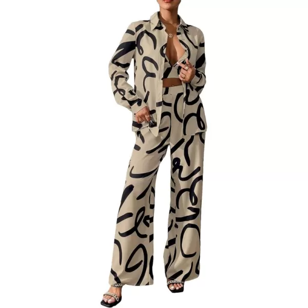 WDIRARA Women's 3 Piece Outfits Colorblock Button Front Shirt and Cami Top with Wide Leg Pants