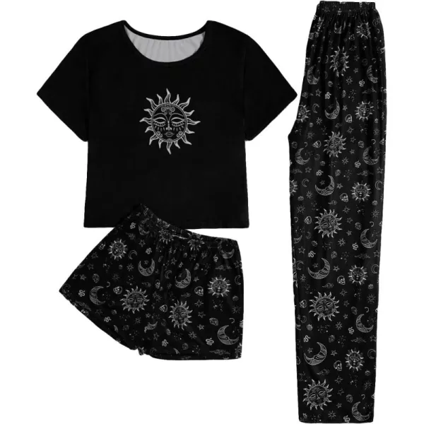 WDIRARA Women's 3 Piece Sleepwear Cow Print Short Sleeve Round Neck Tee Top and Shorts Pajamas Set with Pants