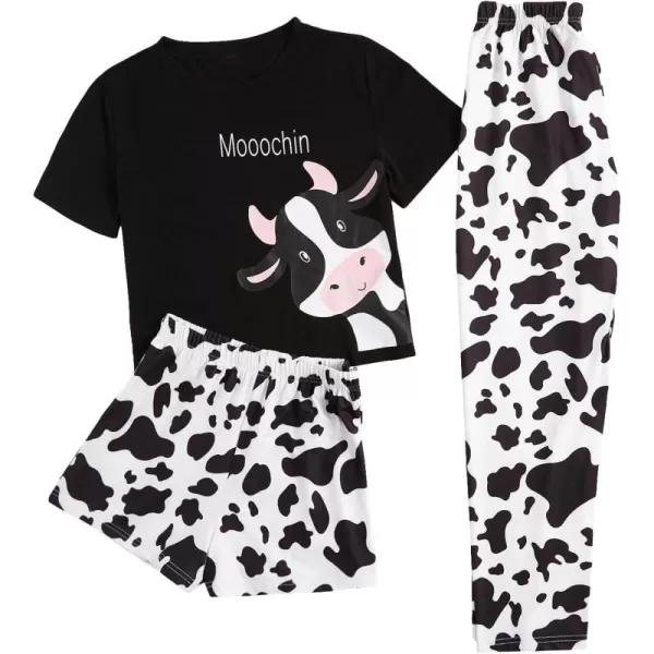WDIRARA Women's 3 Piece Sleepwear Cow Print Short Sleeve Round Neck Tee Top and Shorts Pajamas Set with Pants