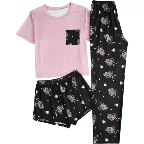 WDIRARA Women's 3 Piece Sleepwear Cow Print Short Sleeve Round Neck Tee Top and Shorts Pajamas Set with Pants