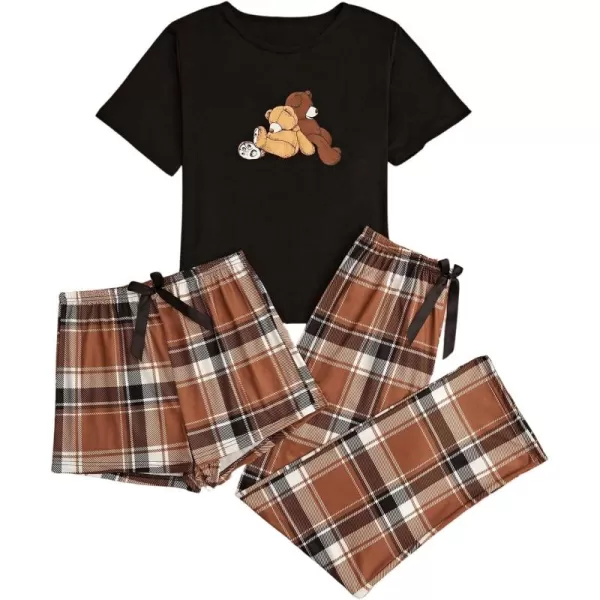 WDIRARA Women's 3 Piece Sleepwear Cow Print Short Sleeve Round Neck Tee Top and Shorts Pajamas Set with Pants