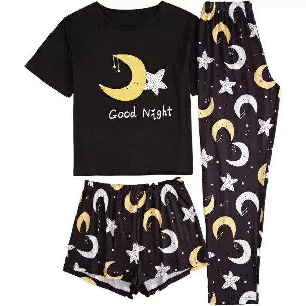 WDIRARA Women's 3 Piece Sleepwear Cow Print Short Sleeve Round Neck Tee Top and Shorts Pajamas Set with Pants