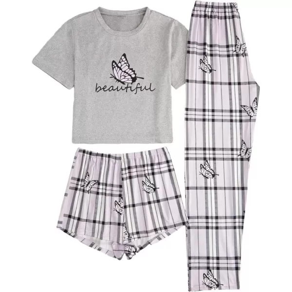 WDIRARA Women's 3 Piece Sleepwear Cow Print Short Sleeve Round Neck Tee Top and Shorts Pajamas Set with Pants