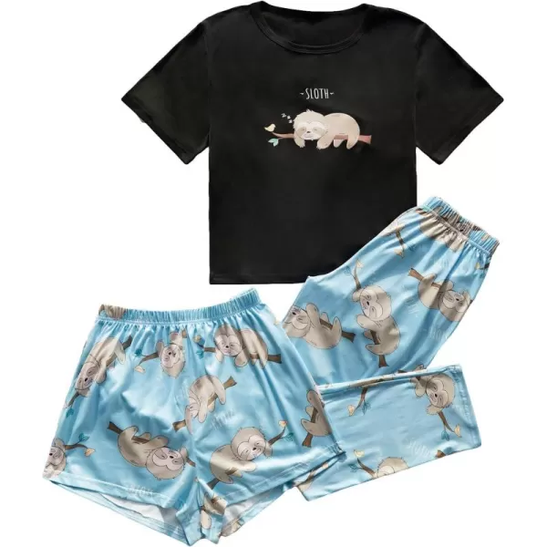 WDIRARA Women's 3 Piece Sleepwear Cow Print Short Sleeve Round Neck Tee Top and Shorts Pajamas Set with Pants