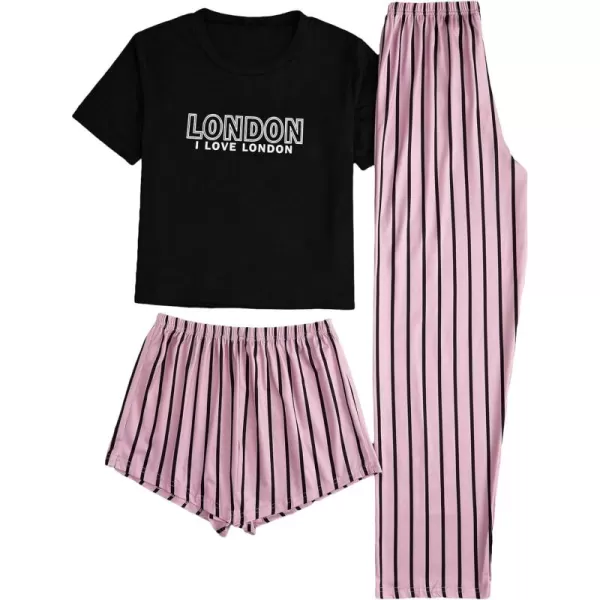 WDIRARA Women's 3 Piece Sleepwear Cow Print Short Sleeve Round Neck Tee Top and Shorts Pajamas Set with Pants