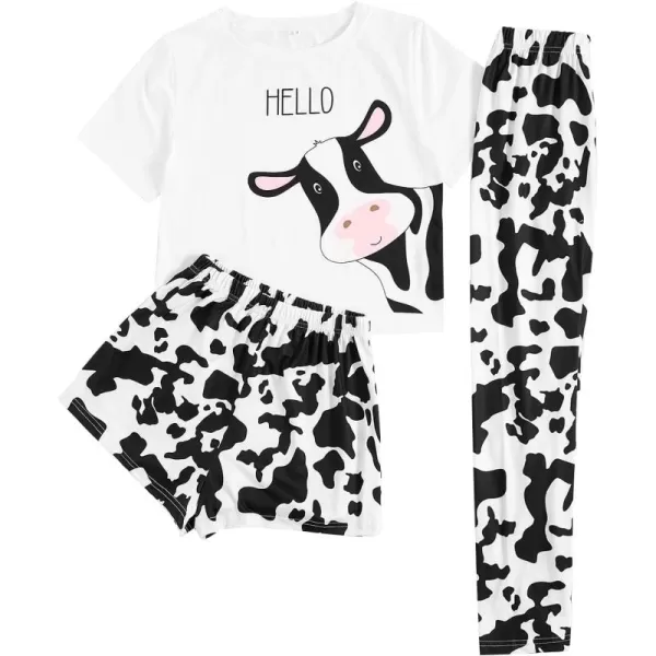 WDIRARA Women's 3 Piece Sleepwear Cow Print Short Sleeve Round Neck Tee Top and Shorts Pajamas Set with Pants