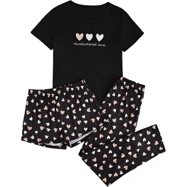 WDIRARA Women's 3 Piece Sleepwear Cow Print Short Sleeve Round Neck Tee Top and Shorts Pajamas Set with Pants