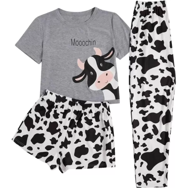 WDIRARA Women's 3 Piece Sleepwear Cow Print Short Sleeve Round Neck Tee Top and Shorts Pajamas Set with Pants