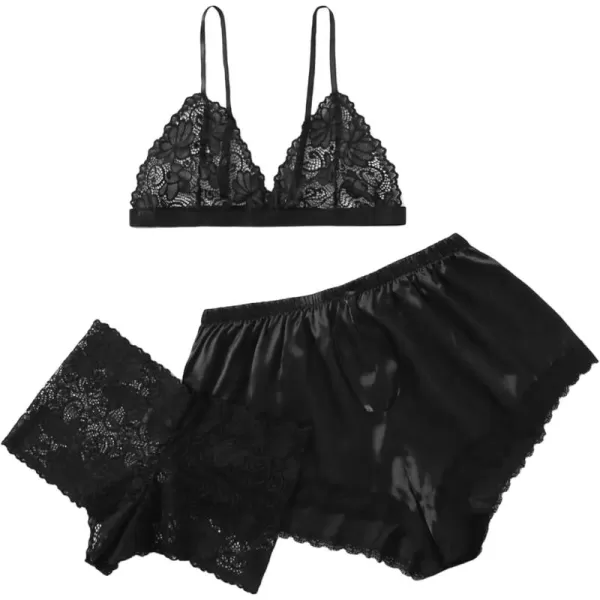 WDIRARA Women's 3 Pieces Lace Lingerie Pj Set Triangle Bra and Panty Set with Shortie