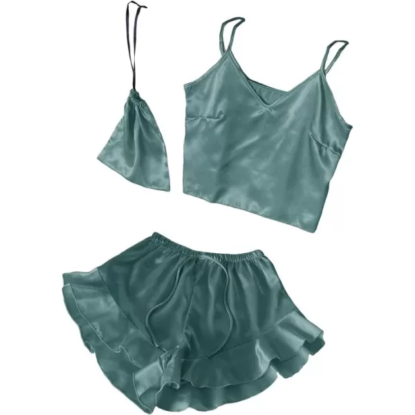 WDIRARA Women's 3 Pieces Satin Sleepwear Cami Top and Ruffle Shorts Pajama Set