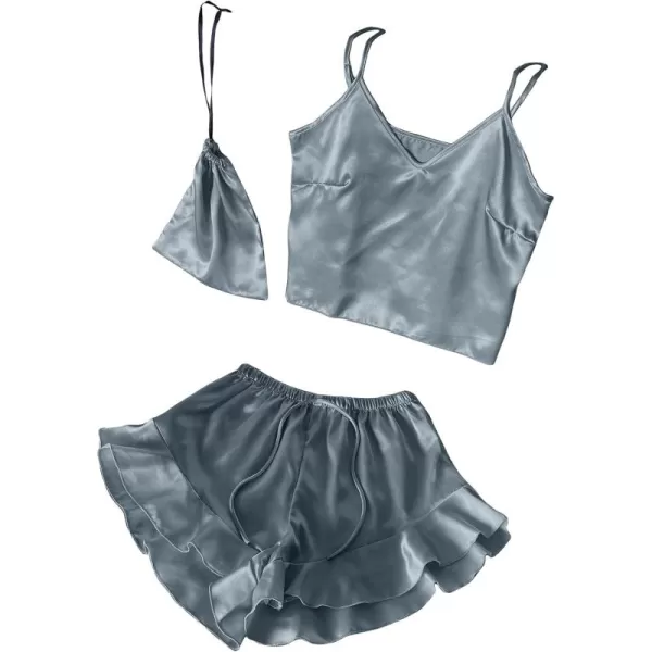 WDIRARA Women's 3 Pieces Satin Sleepwear Cami Top and Ruffle Shorts Pajama Set