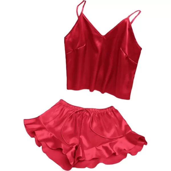 WDIRARA Women's 3 Pieces Satin Sleepwear Cami Top and Ruffle Shorts Pajama Set