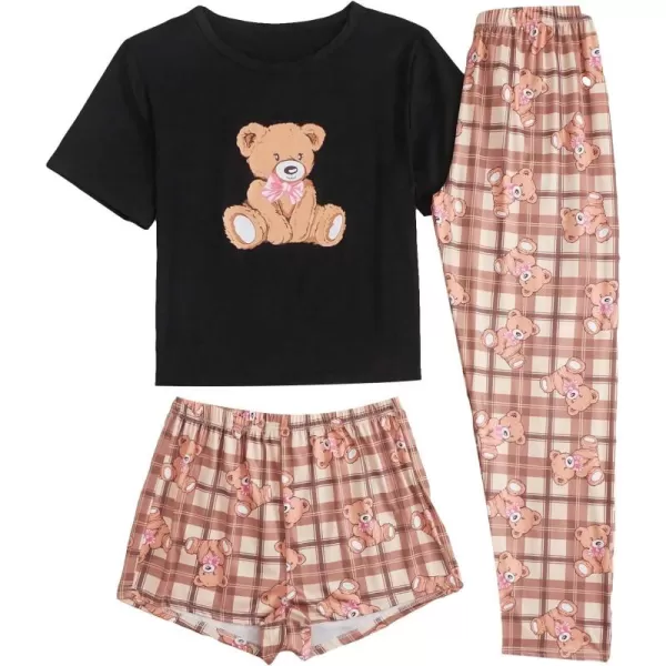WDIRARA Women's 3 Pieces Sleepwear Cartoon Cow Print Top and Shorts with Pants Pajama Set