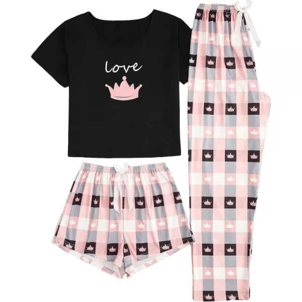 WDIRARA Women's 3 Pieces Sleepwear Cartoon Cow Print Top and Shorts with Pants Pajama Set