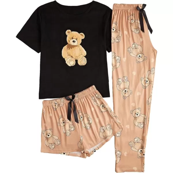 WDIRARA Women's 3 Pieces Sleepwear Cartoon Cow Print Top and Shorts with Pants Pajama Set