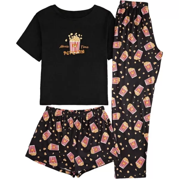 WDIRARA Women's 3 Pieces Sleepwear Cartoon Cow Print Top and Shorts with Pants Pajama Set