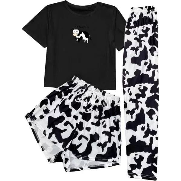 WDIRARA Women's 3 Pieces Sleepwear Cartoon Cow Print Top and Shorts with Pants Pajama Set