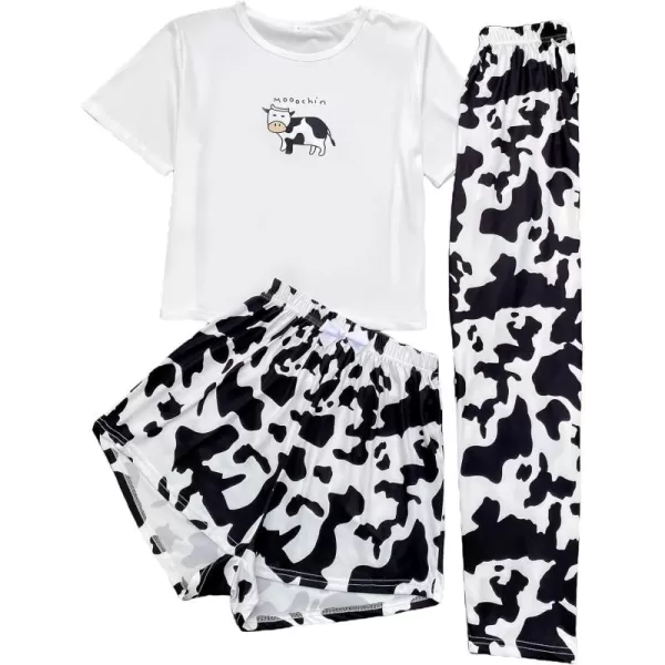 WDIRARA Women's 3 Pieces Sleepwear Cartoon Cow Print Top and Shorts with Pants Pajama Set
