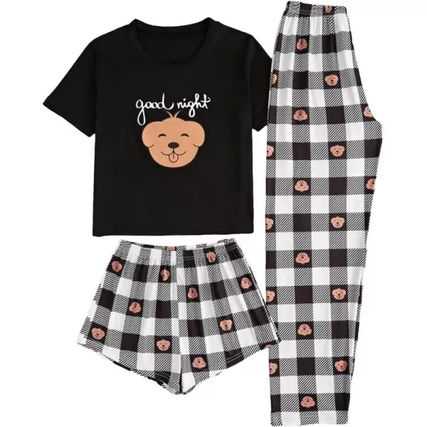 WDIRARA Women's 3 Pieces Sleepwear Cartoon Cow Print Top and Shorts with Pants Pajama Set