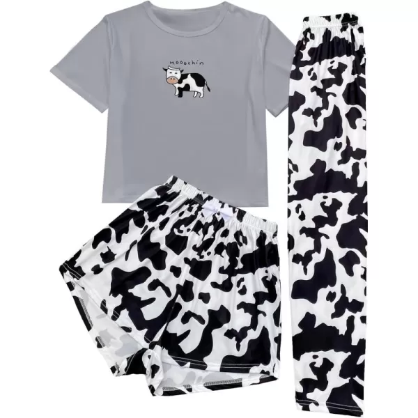 WDIRARA Women's 3 Pieces Sleepwear Cartoon Cow Print Top and Shorts with Pants Pajama Set