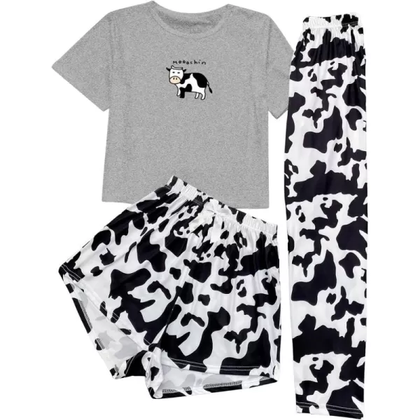 WDIRARA Women's 3 Pieces Sleepwear Cartoon Cow Print Top and Shorts with Pants Pajama Set