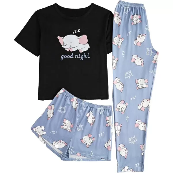 WDIRARA Women's 3 Pieces Sleepwear Cartoon Cow Print Top and Shorts with Pants Pajama Set