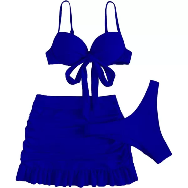 WDIRARA Women's 3 Pieces Tie Front Push Up Bikini Swimsuit with Ruched Ruffle Hem Beach Skirt