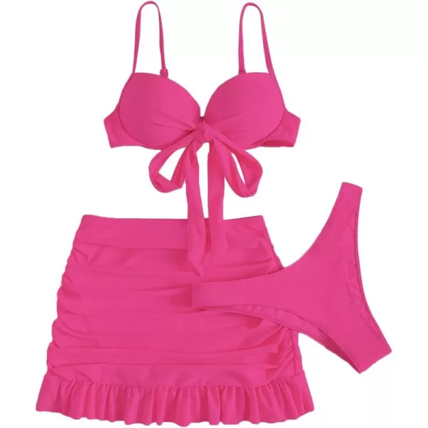 WDIRARA Women's 3 Pieces Tie Front Push Up Bikini Swimsuit with Ruched Ruffle Hem Beach Skirt