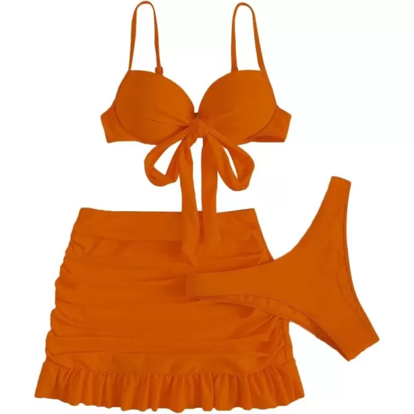 WDIRARA Women's 3 Pieces Tie Front Push Up Bikini Swimsuit with Ruched Ruffle Hem Beach Skirt